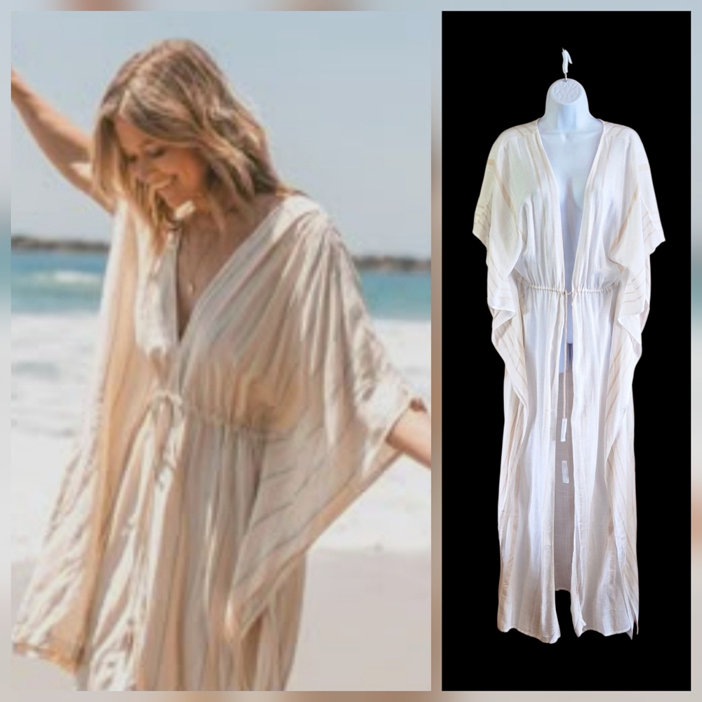 Lovestitch Stripe Viscose Duster Maxi Caftan Coverup Beach Cream Stripe S/M NWT